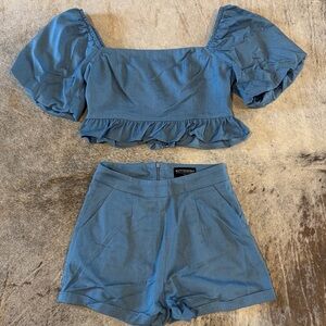 Kittenish Blue Puff Sleeve Top and Shorts Set